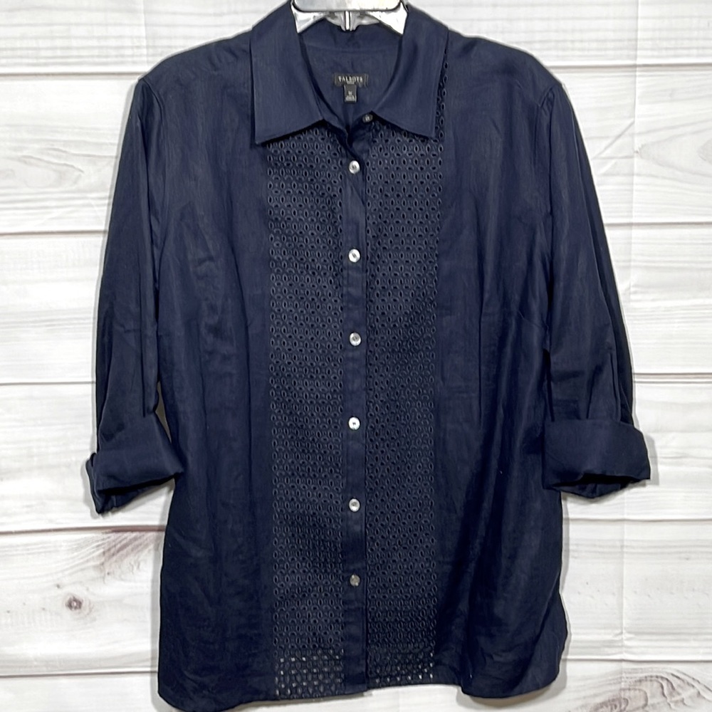 Navy Long Sleeve Eyelet Front Linen Talbots Top Size 1X Talbots